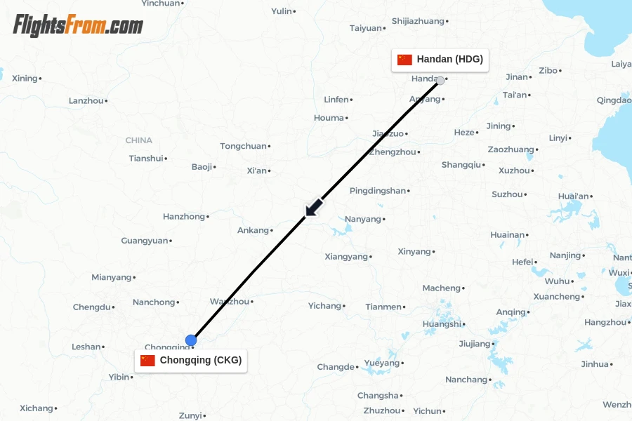 Flights from Handan to Chongqing route map