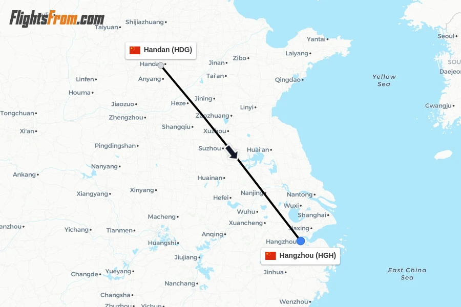 Flights from Handan to Hangzhou route map