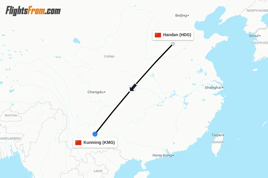 Flights from Handan to Kunming route map