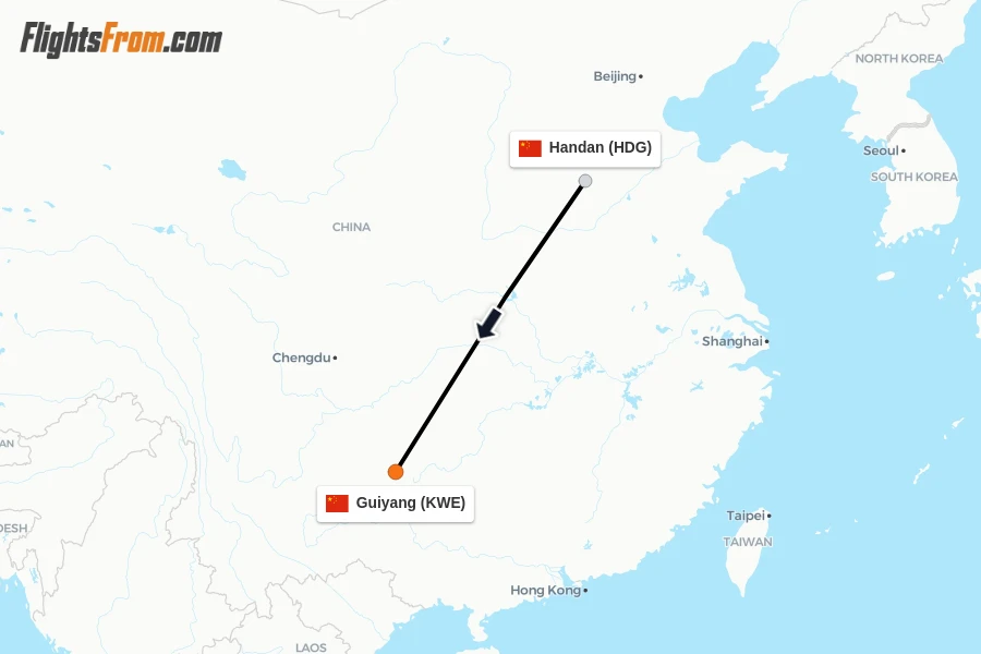 Flights from Handan to Guiyang route map