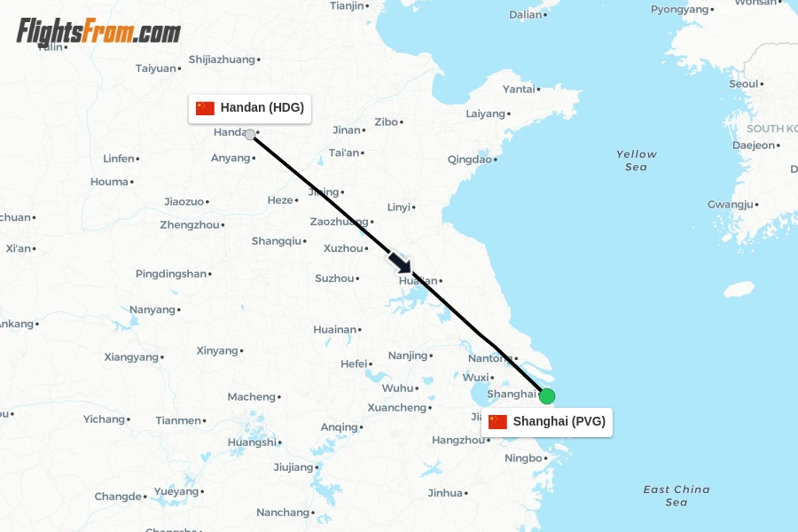 Flights from Handan to Shanghai route map
