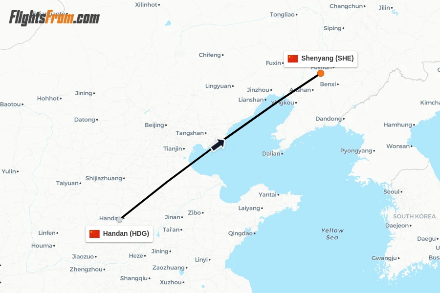 Flights from Handan to Shenyang route map