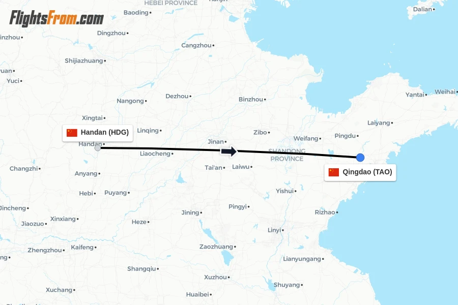 Flights from Handan to Qingdao route map