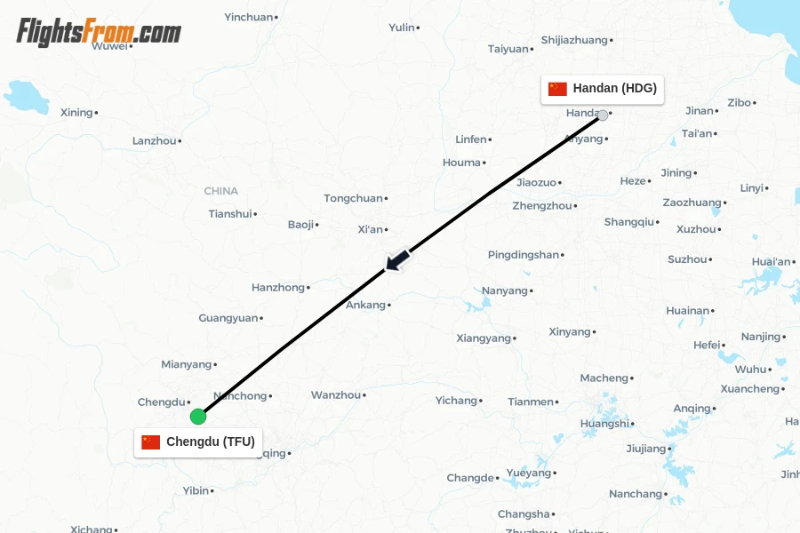 Flights from Handan to Chengdu route map