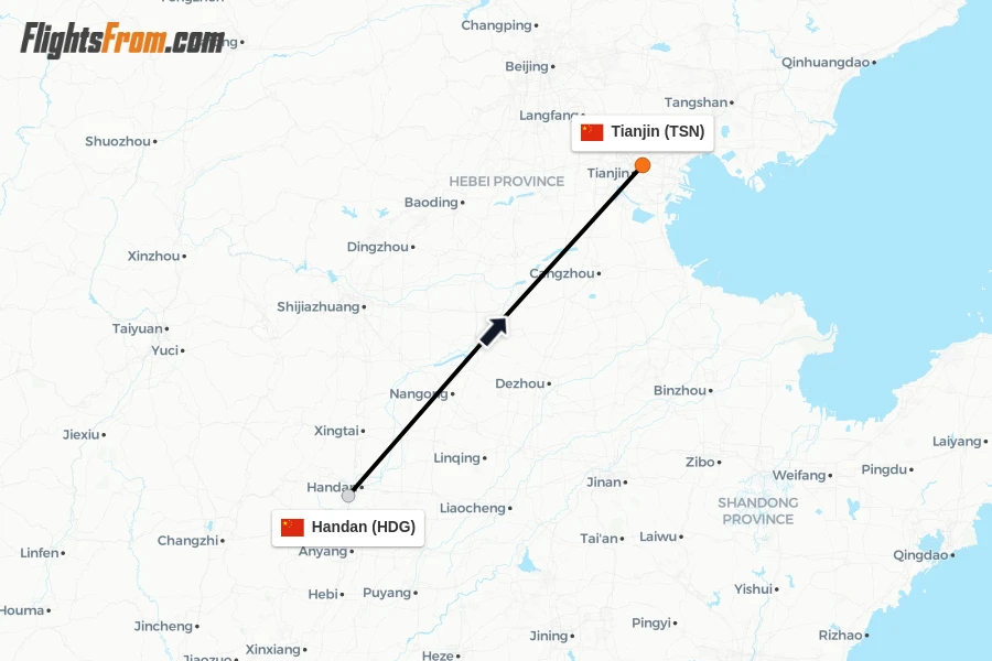 Flights from Handan to Tianjin route map