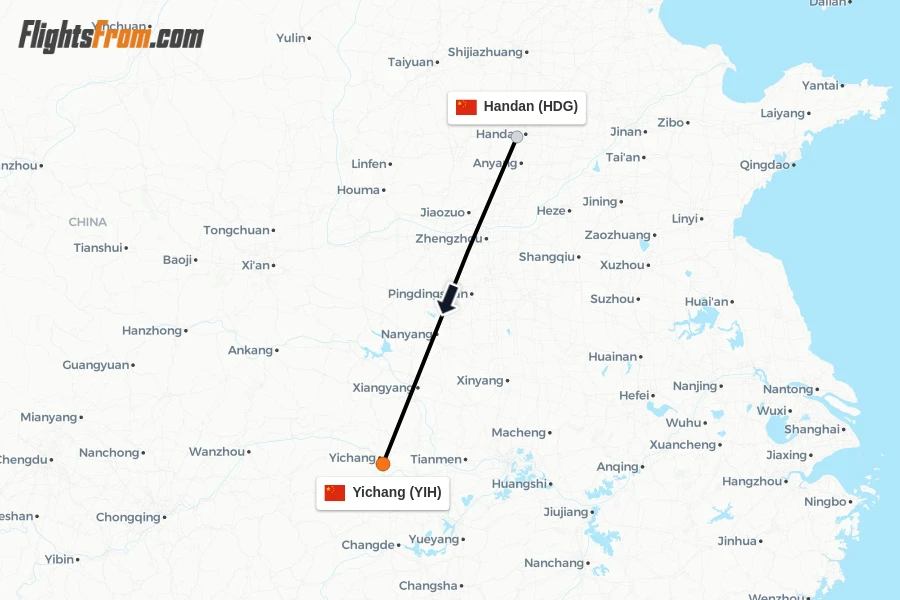 Flights from Handan to Yichang route map