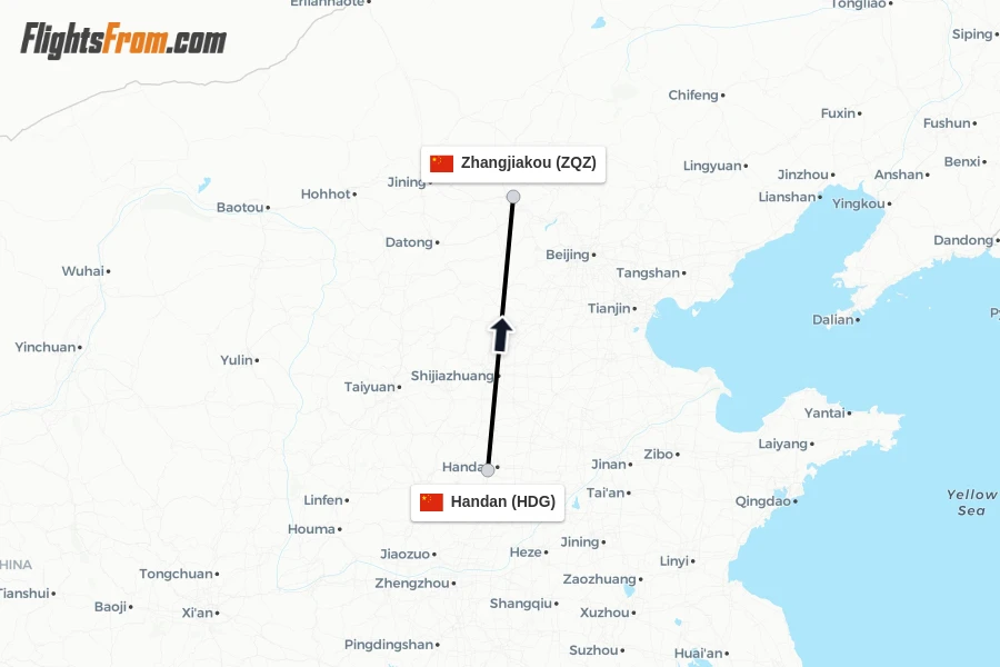 Flights from Handan to Zhangjiakou route map
