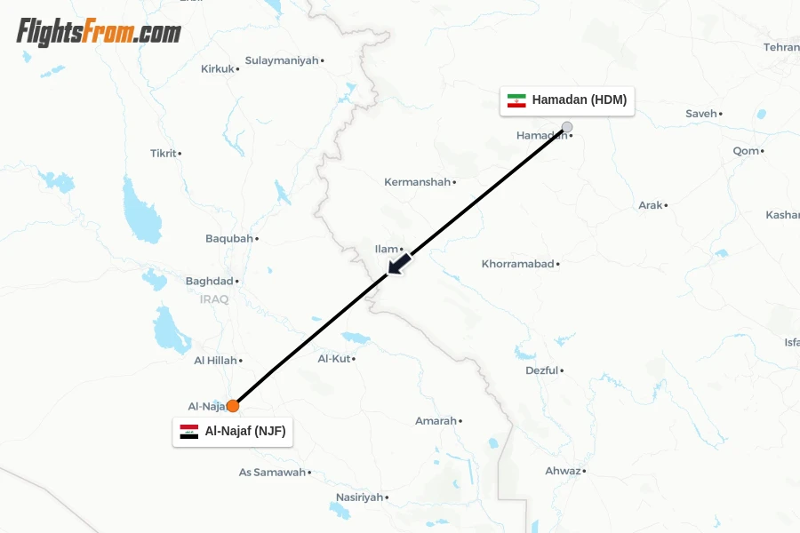 Flights from Hamadan to Al-Najaf route map