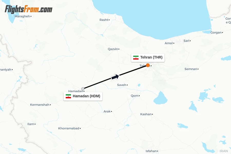 Flights from Hamadan to Tehran route map