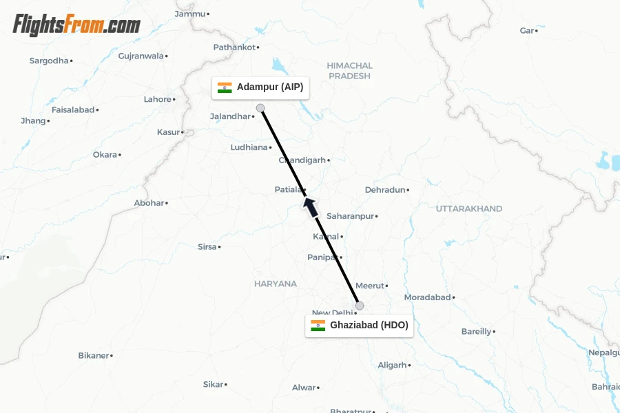 Flights from Ghaziabad to Adampur route map