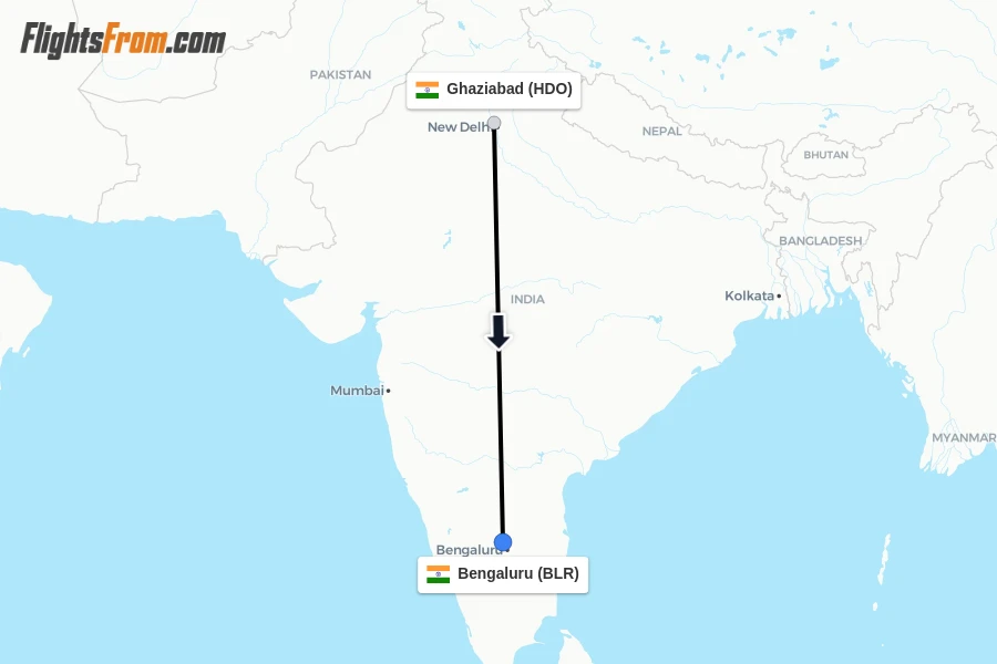 Flights from Ghaziabad to Bengaluru route map