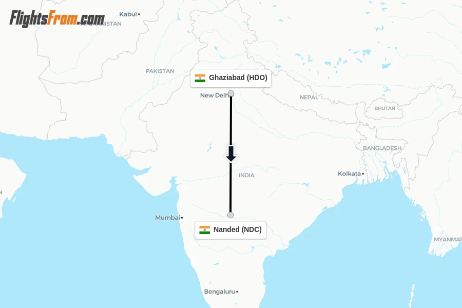 Flights from Ghaziabad to Nanded route map