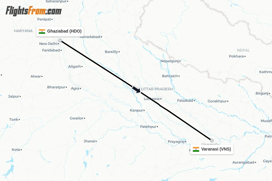 Flights from Ghaziabad to Varanasi route map