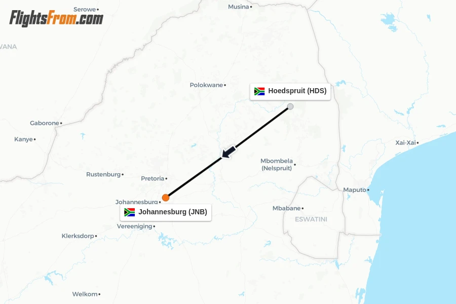 Flights from Hoedspruit to Johannesburg route map