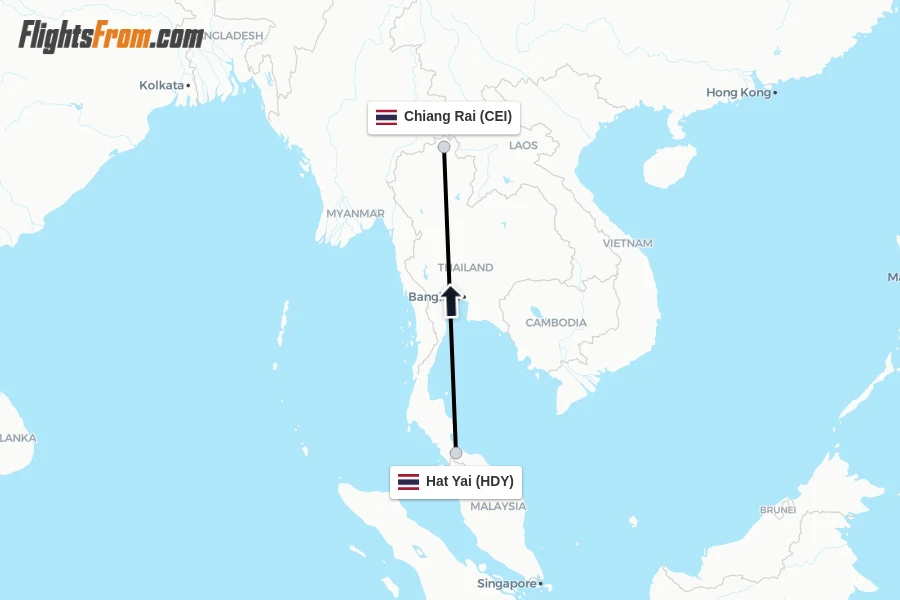 Flights from Hat Yai to Chiang Rai route map
