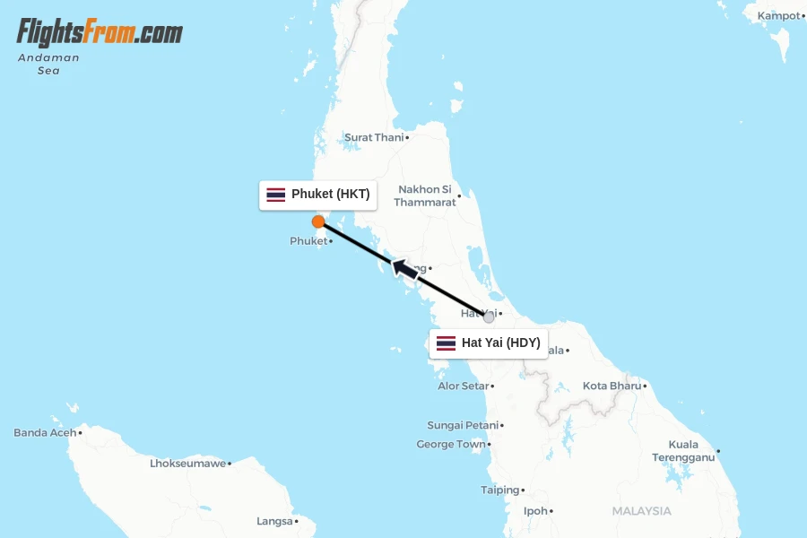 Flights from Hat Yai to Phuket route map