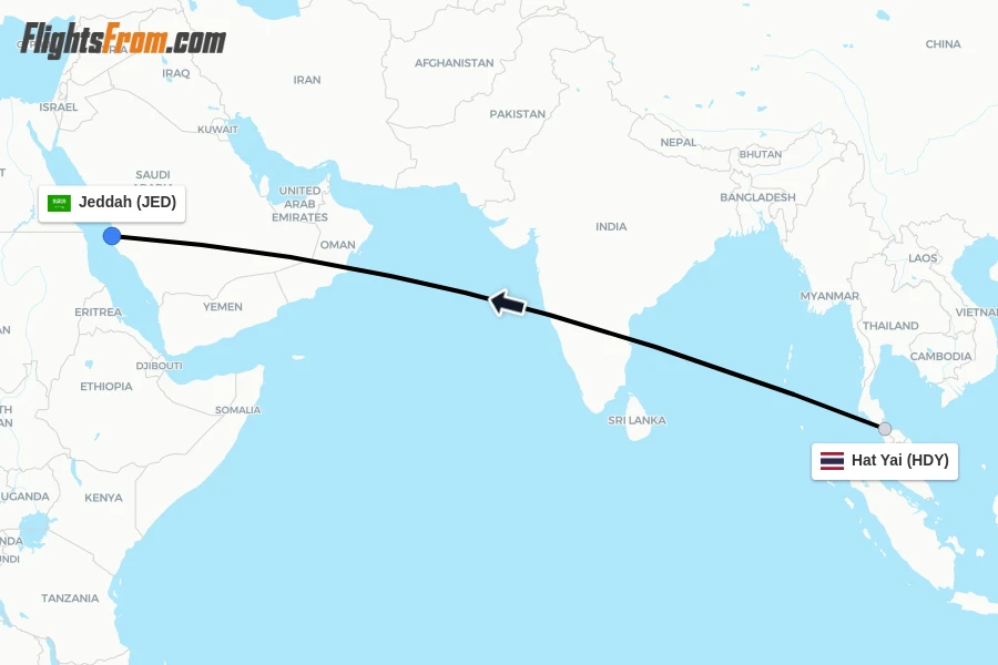 Flights from Hat Yai to Jeddah route map
