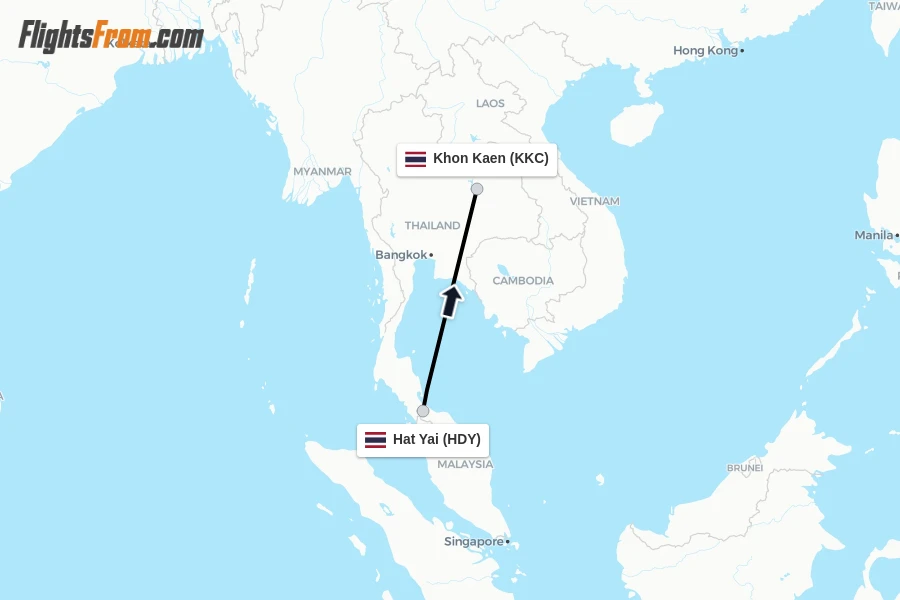 Flights from Hat Yai to Khon Kaen route map