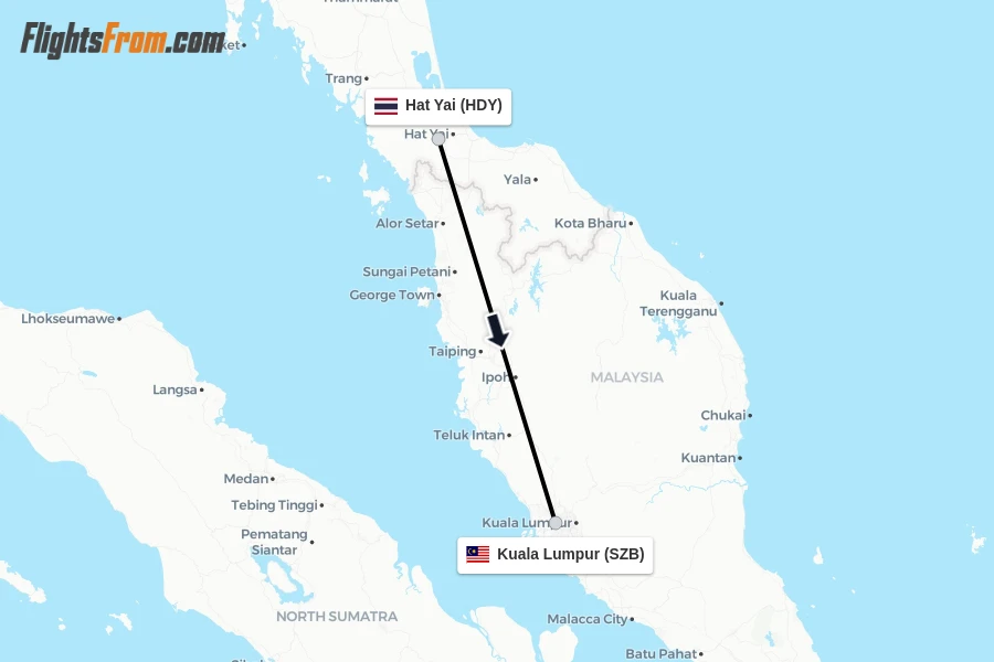 Flights from Hat Yai to Kuala Lumpur route map