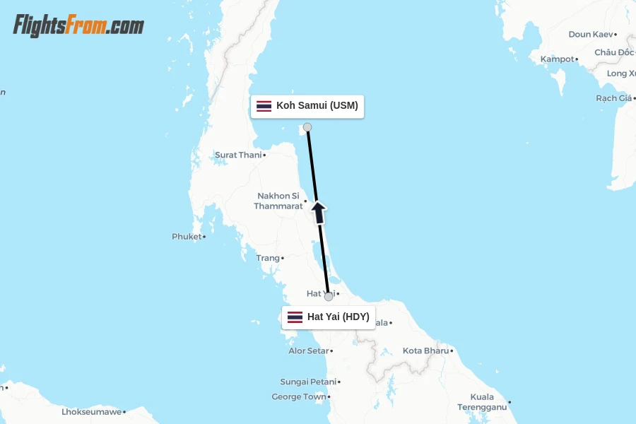 Flights from Hat Yai to Koh Samui route map