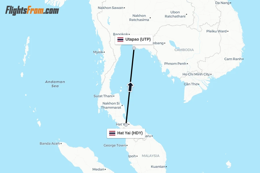 Flights from Hat Yai to Utapao route map