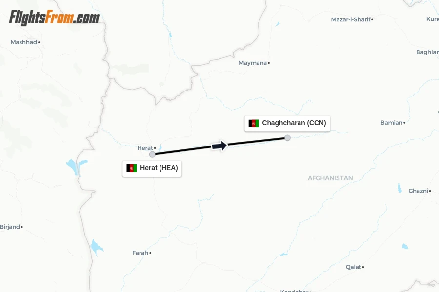 Flights from Herat to Chaghcharan route map