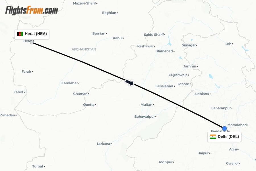 Flights from Herat to Delhi route map