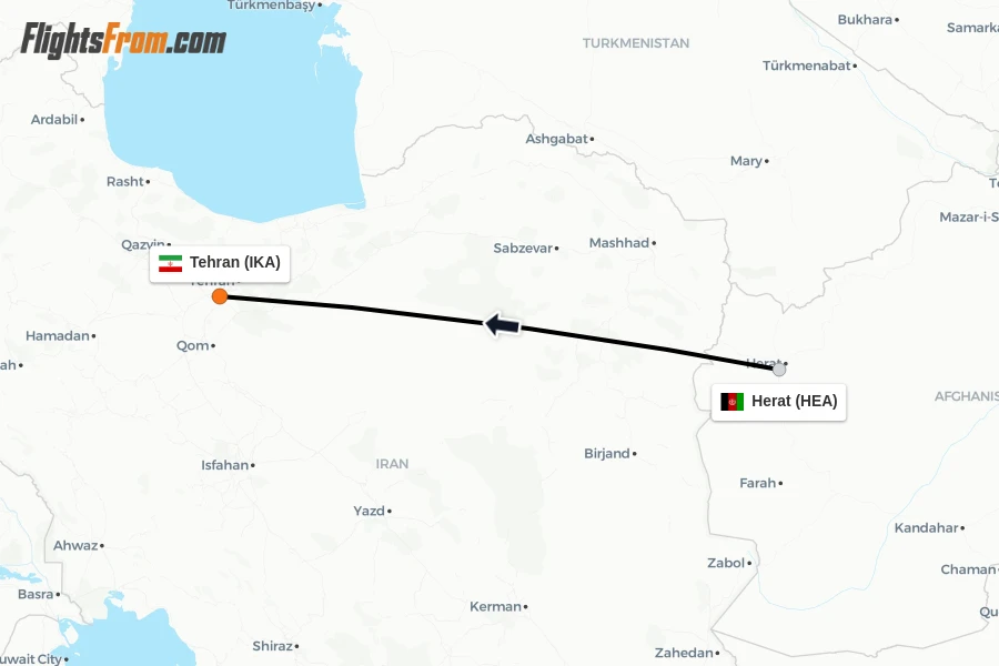 Flights from Herat to Tehran route map