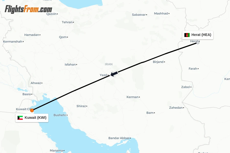Flights from Herat to Kuwait route map