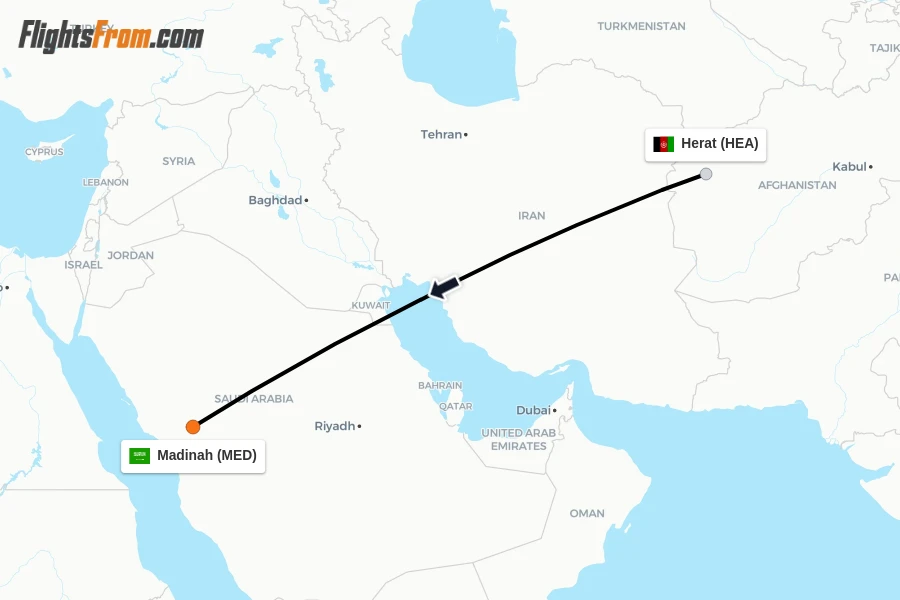 Flights from Herat to Madinah route map