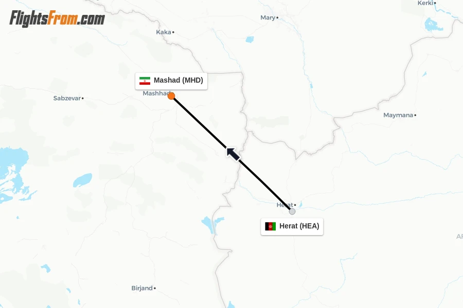 Flights from Herat to Mashad route map