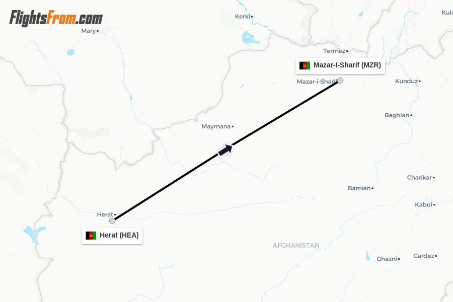 Flights from Herat to Mazar-I-Sharif route map