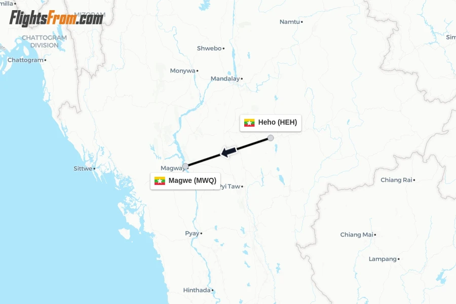 Flights from Heho to Magwe route map