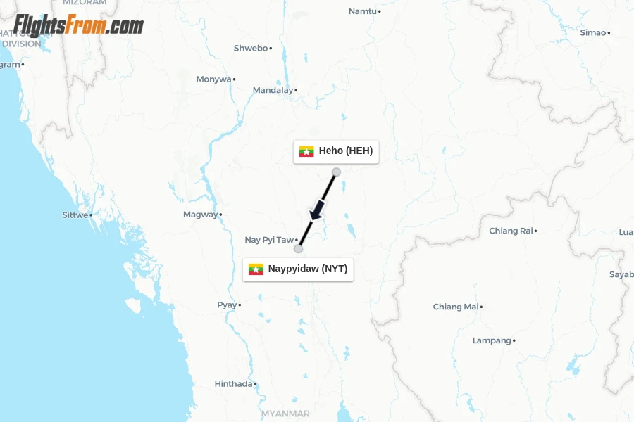 Flights from Heho to Naypyidaw route map