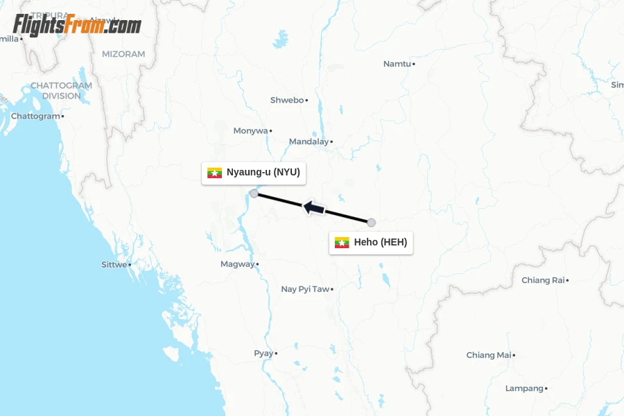 Flights from Heho to Nyaung-u route map