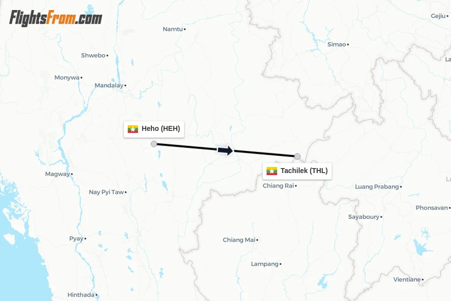 Flights from Heho to Tachilek route map