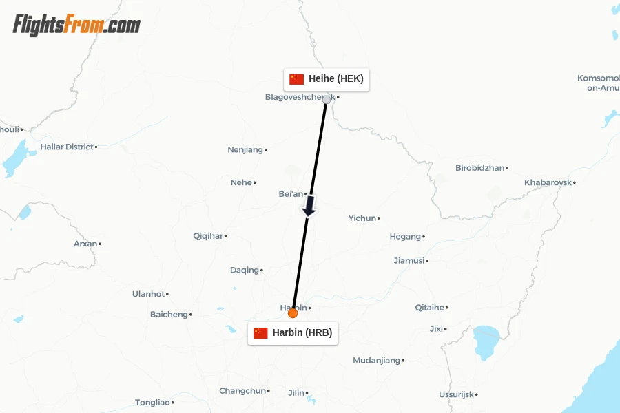 Flights from Heihe to Harbin route map