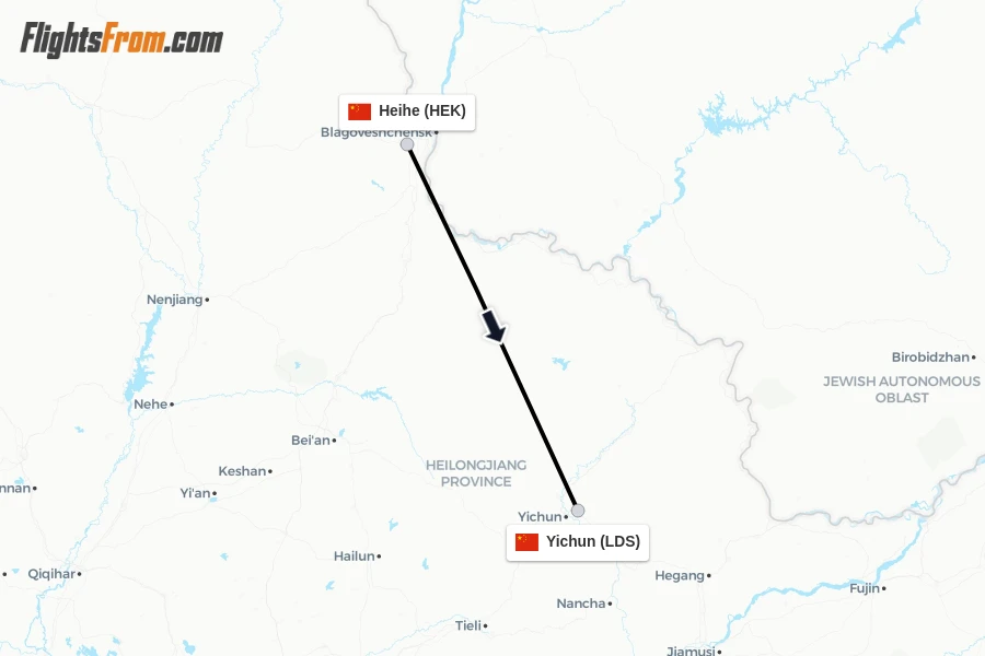 Flights from Heihe to Yichun route map