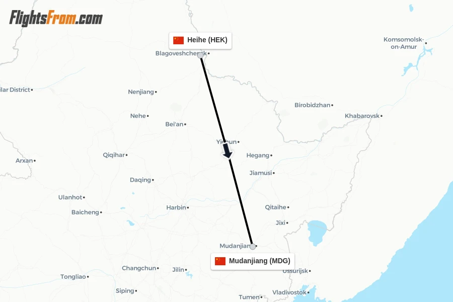 Flights from Heihe to Mudanjiang route map