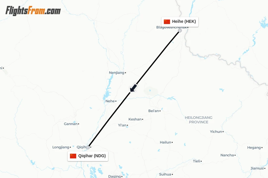 Flights from Heihe to Qiqihar route map