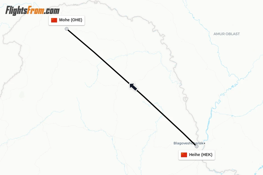 Flights from Heihe to Mohe route map