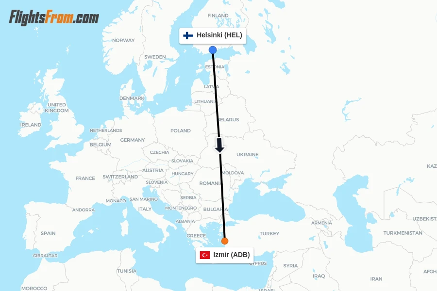 Flights from Helsinki to Izmir route map
