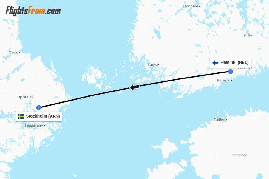 Flights from Helsinki to Stockholm route map
