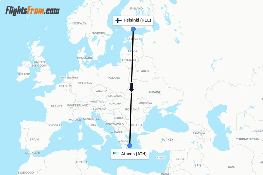 Flights from Helsinki to Athens route map