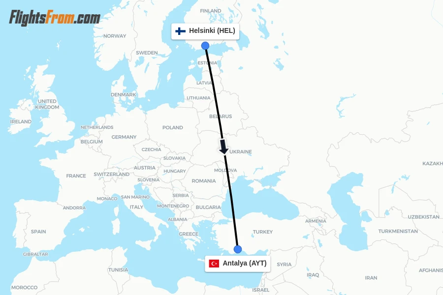Flights from Helsinki to Antalya route map