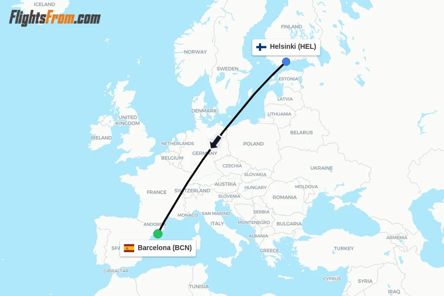 Flights from Helsinki to Barcelona route map