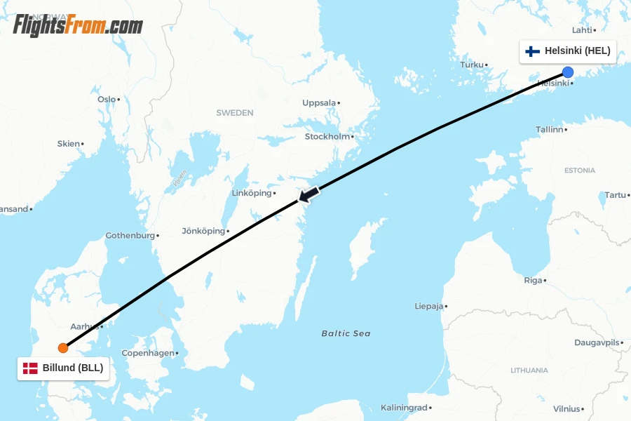 Flights from Helsinki to Billund route map