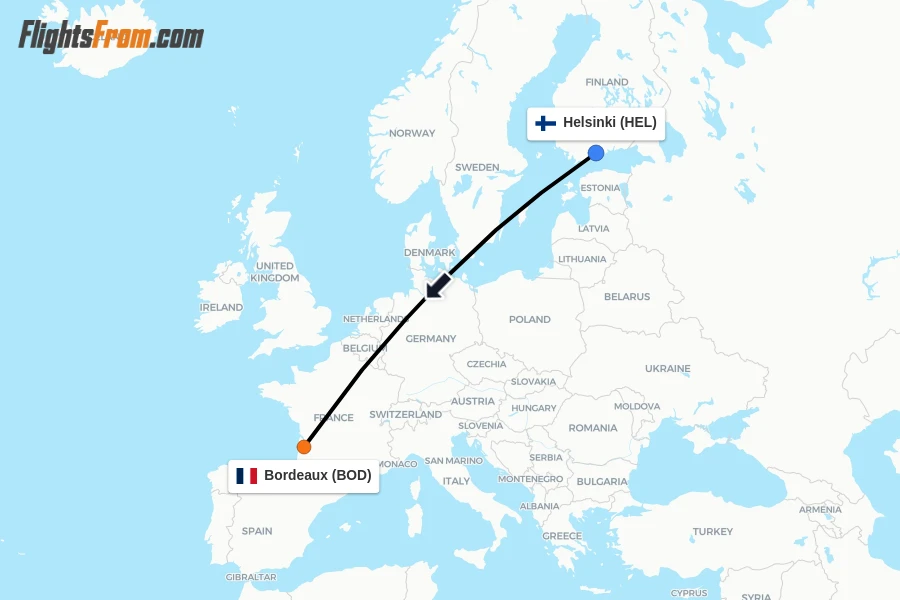 Flights from Helsinki to Bordeaux route map