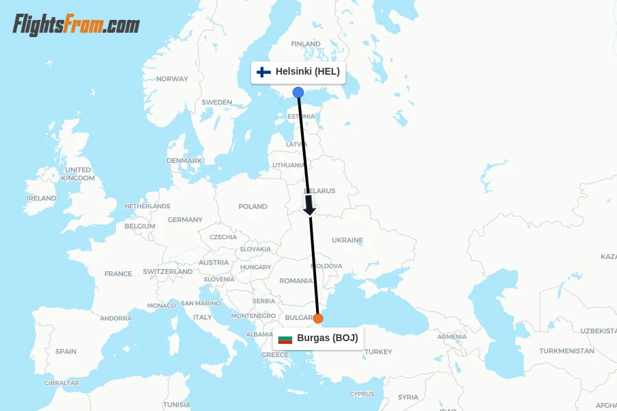 Flights from Helsinki to Burgas route map