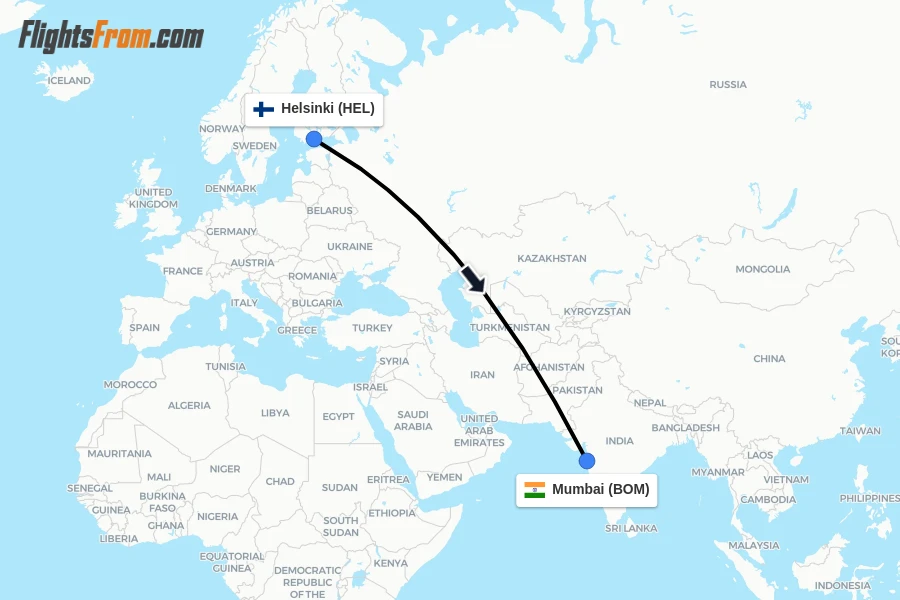 Flights from Helsinki to Mumbai route map